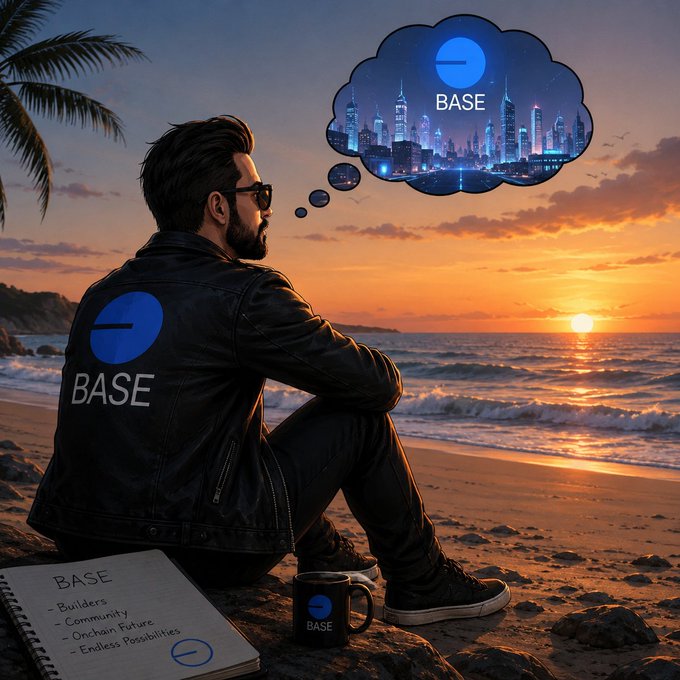 A digital illustration of a bearded man wearing sunglasses and a black leather jacket with the 'BASE' logo, sitting on a beach at sunset while thinking about a futuristic cityscape, with a notebook listing 'BASE - Builders, Community, Onchain Future, Endless Possibilities.'