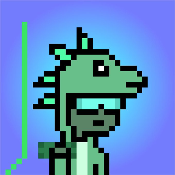 A pixel art illustration of a green seahorse-like creature with a small crest on its head, shown in profile against a blue and purple gradient background.