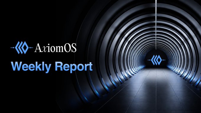 The image is a sleek, dark-themed promotional banner for the "AxiomOS Weekly Report," featuring the AxiomOS logo (a stylized blue "W"-like emblem) in the top-left corner alongside the bold white and blue title text "AxiomOS Weekly Report." The background depicts a futuristic, illuminated tunnel with concentric circular lights receding into the distance, leading toward a glowing AxiomOS logo at the vanishing point, creating a sense of depth and forward momentum that visually reinforces the post's theme of network growth, ecosystem expansion, and milestone progress (such as the top AXP contributor surpassing 60K+ on the Orbit Leaderboard).