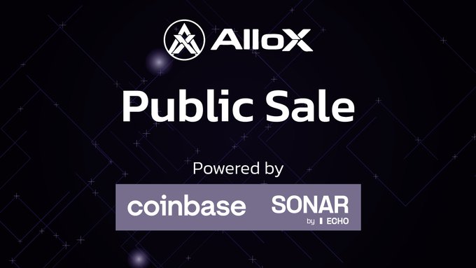 A dark promotional graphic announces an 'AlloX Public Sale' powered by Coinbase and SONAR by ECHO, featuring a starry purple design.