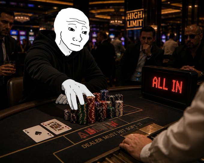 A surreal meme image of a person in a black hoodie with a cartoon 'Wojak' drawing as the head, pushing poker chips forward at a casino table with an 'ALL IN' digital display and playing cards visible.