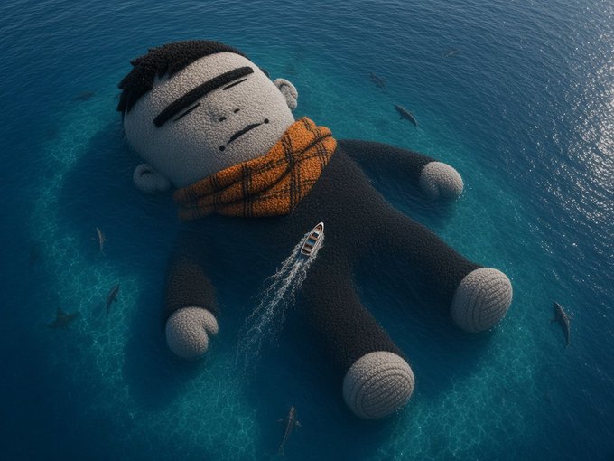 A giant knitted plush doll with a scarf floats in the ocean as a small boat sails across its chest, with sharks swimming nearby in the water.