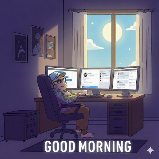 A digital illustration of a relaxed character wearing sunglasses and a beanie sitting at a desk with three monitors displaying social media feeds, with 'GOOD MORNING' written at the bottom.