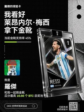 A promotional advertisement from OKX Chinese features a Messi digital trading card alongside Chinese text stating "I am bullish on Lionel Messi winning the Golden Boot" with a current support rate of 45%, indicating the user's participation in OKX's World Cup prediction event with a predicted BTC payout of 16.06.