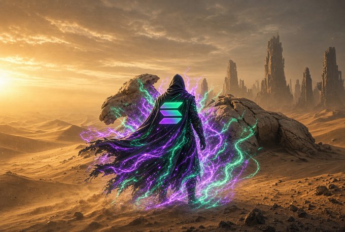 A fantasy digital artwork showing a hooded figure with a glowing Solana symbol emitting from its cloak with mystical tendrils, standing in a desert landscape at sunset with rocky ruins in the background.
