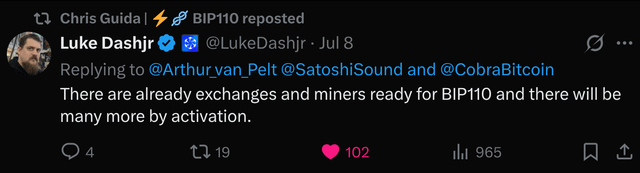 A retweeted post by Luke Dashjr (@LukeDashjr) responding to @Arthur_van_Pelt, @SatoshiSound, and @CobraBitcoin states: 'There are already exchanges and miners ready for BIP110 and there will be many more by activation.'