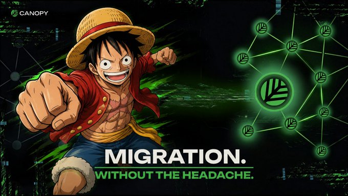 The image features a cartoon character, likely a character from a popular anime or video game franchise like Sailor Moon. The character appears to be wearing a red shirt with a hat on his head. In front of him, there's text that reads "Migration. Without the headaches." This phrase is related to the concept of migration in the context of blockchain technology and cryptocurrency. It suggests that migrating from one blockchain or cryptocurrency network to another can cause headaches due to the need for infrastructure updates and the potential loss of data during the transition process. The image aims to convey this message by using a relatable, cartoon character as a visual representation of the challenges faced in migration within the world of cryptocurrencies.