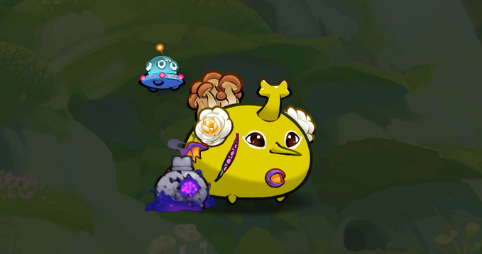 The image features a cartoon character, likely an animated character or a character from a video game, with a green background that appears to be a forest or jungle setting. The character has a yellow body and white wings, giving it a unique appearance. In front of the character is a purple bottle, which could possibly be a magical item or a potion. The post includes text that reads "Today I got my first Origin Axie! I’ve got all my level 60 Axies ready for the launch of Terrarium". This suggests that the image might be related to an event or promotion involving the character and its abilities, such as a game release or a special event.