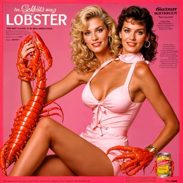 A vintage-style advertisement poster featuring two blonde women in pink outfits posing with a large red lobster, with 'LOBSTER' branding and 'Suizurui Instantnouilles' (Swiss brand noodles) text visible, appearing to be a retro ad design.