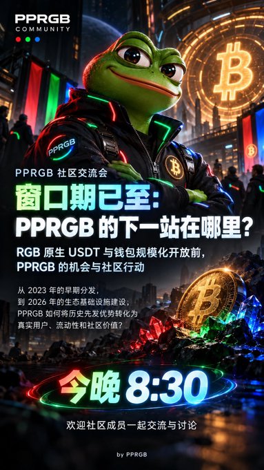 A promotional poster for a 'PPRGB Community' event titled '窗口期已至: PPRGB 的下一站在哪里?' featuring an anthropomorphic frog mascot, Bitcoin imagery, and a time of '今晚 8:30'.