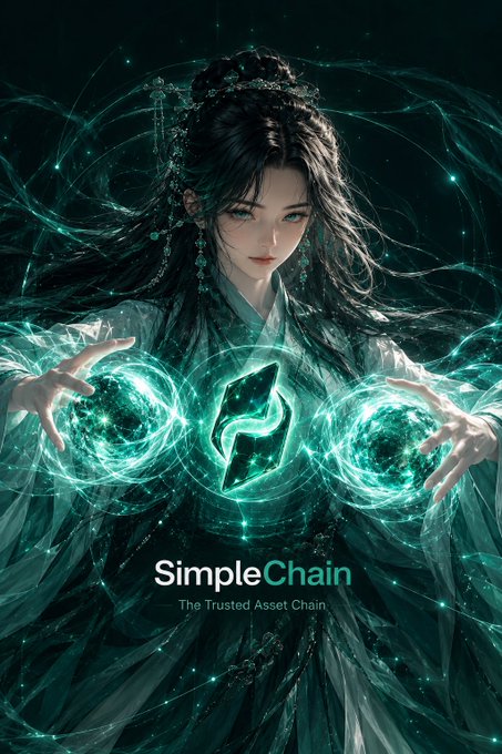An ornate digital artwork of a mystical woman wielding glowing green orbs of energy, featuring the logo and text 'SimpleChain - The Trusted Asset Chain'.