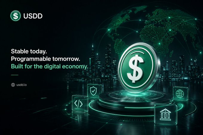A promotional graphic for USDD cryptocurrency featuring the tagline "Stable today. Programmable tomorrow. Built for the digital economy." with "usdd.io" and a glowing dollar sign coin against a world map backdrop.