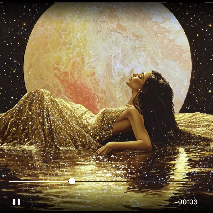 A digital artwork or video still showing a woman in a golden, sparkling gown reclining on water beneath a large, luminous moon, with playback controls visible.