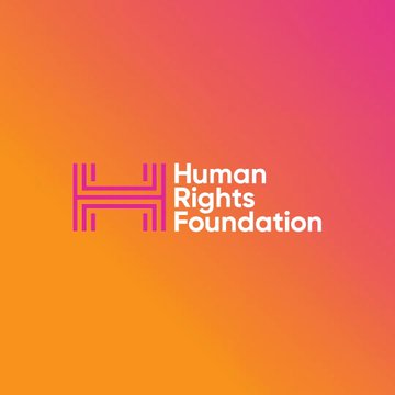 The Human Rights Foundation logo, featuring a stylized pink 'H' monogram beside the organization's name, displayed on a vibrant orange-to-pink gradient background.