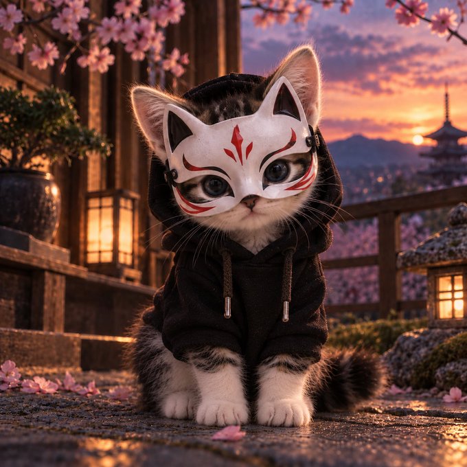 An adorable kitten wearing a black hoodie and a white fox mask sits in a Japanese-style garden with cherry blossoms and a pagoda visible at sunset.