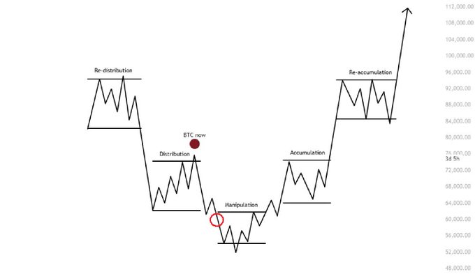 The image shows a chart illustrating the various stages of a cryptocurrency market, likely related to Bitcoin (BTC). The graph displays different points where the price has decreased or reached certain values during each stage. The price has dropped 52% by this point, indicating the start of the decline in the cryptocurrency's value. Additionally, there is an upward trend at this specific stage, representing the eventual bounce back of prices once the market reaches a lower point. Overall, the graph serves as a visual representation of the crypto market's evolution and fluctuations throughout its various stages.