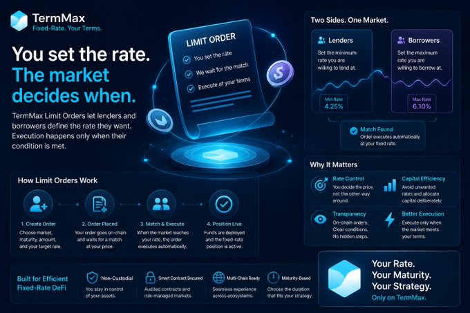 An infographic for 'TermMax' explains how Limit Orders work in Fixed-Rate DeFi, detailing the roles of Lenders and Borrowers in setting minimum and maximum interest rates.