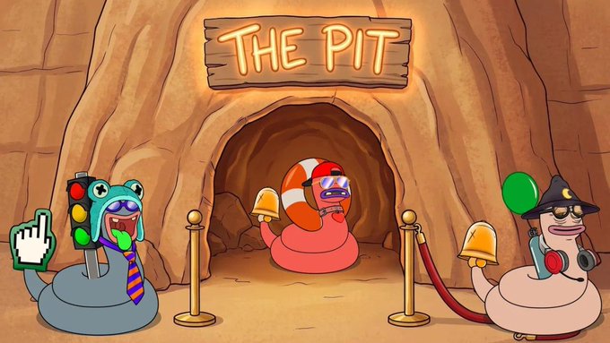 Three cartoon worm-like characters stand outside a cave entrance labeled "THE PIT," with two holding gold bell icons and one wearing a wizard hat, set against a desert canyon backdrop. The scene illustrates the post's playful teaser about an NFT collection ("SLI") launching on OpenSea, with the "pit" representing the drop and the slime characters playfully participating "with no arms required."