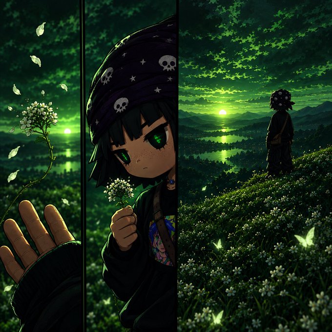 A triptych anime-style illustration featuring a character with black hair and a skull-patterned bandana holding a small white flower. The scenes show the flower releasing glowing petals, a close-up of the character with green eyes, and the character standing in a field of flowers at sunset, all bathed in ethereal green tones.
