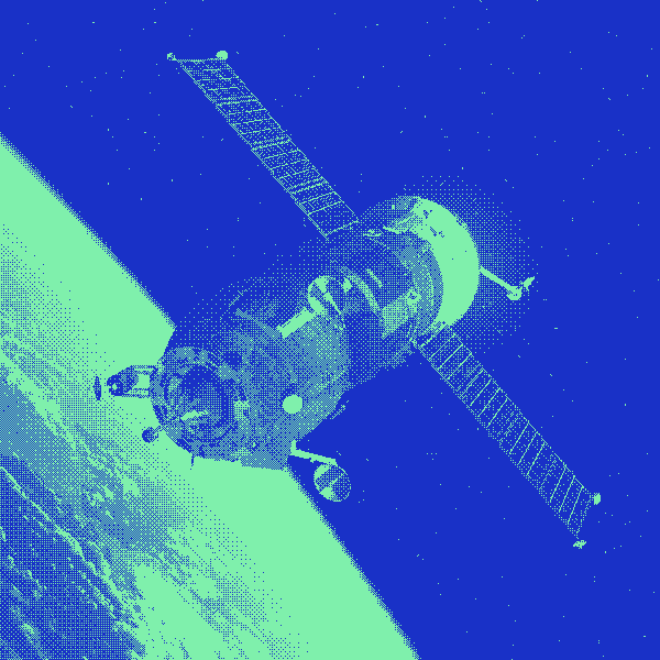 A spacecraft with solar panels orbits Earth against a starry blue background, rendered in a duotone cyan and blue color style.