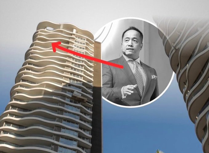 A collage featuring a modern high-rise building with wavy balconies alongside a black-and-white circular inset of a man in a suit, with a red arrow pointing from the man toward the building.