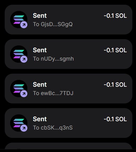 The image shows a list of four transaction records on the Solana blockchain, each displaying "Sent" status with an outgoing transfer of -0.1 SOL to different wallet addresses (GjsD...SGgQ, nUDy...sgmh, ewBc...7TDJ, and cbSK...q3nS). This serves as proof of the airdrop, demonstrating that the sender is distributing 0.1 SOL to multiple wallet addresses as advertised in the accompanying promotional post for the Solana airdrop.