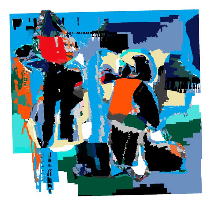 An abstract digital artwork composed of bold, blocky shapes in blue, black, orange, and green, suggesting distorted human figures against a fragmented background.