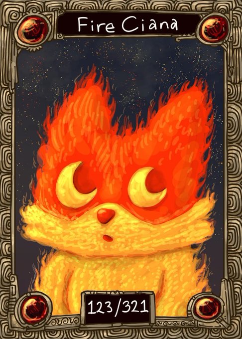 A trading card-style illustration titled "Fire Ciana" depicts a cute, flame-covered creature resembling a cat or dog with glowing crescent-shaped eyes, a small pink nose, and fiery orange-red fur set against a starry dark background, framed by ornate decorative borders with red gem accents. The card displays the numbers "123/321" at the bottom, suggesting it's part of a limited edition series of 321 cards (with 30 copies mentioned in the post), tied to the XRPL NFT collection featuring the character.