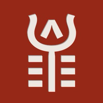 A minimalist white icon of a tuning fork or wishbone symbol on a dark red background.