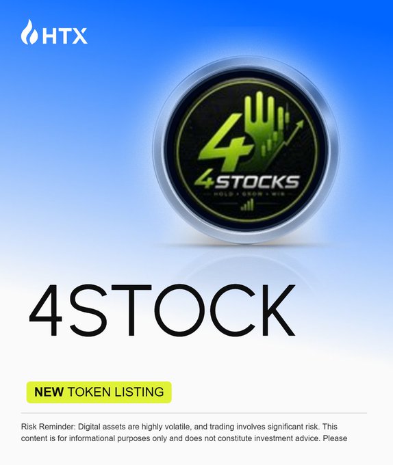 A promotional graphic from HTX announcing the new token listing of 4STOCK, featuring a circular green and black logo with the number "4" alongside an upward arrow and bar chart, accompanied by the text "4STOCK" and "NEW TOKEN LISTING" banner. The image aligns with the announcement by visually highlighting the 4STOCK token's debut on the HTX exchange platform.