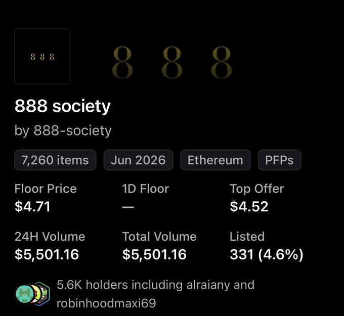 The image shows a NFT collection page for "888 society" by 888-society on Ethereum, featuring 7,260 items with a floor price of $4.71 and 24H volume of $5,501.16. This relates to the post where the user gave out 20 NFTs from this collection, with 5.6K holders including notable figures like "alraiayy" and "robinhoodmaxi69."
