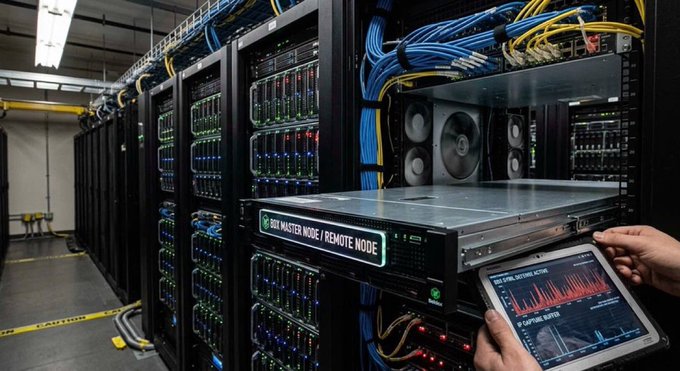 A data center server rack is shown with a hand operating a laptop displaying data analytics, while the server unit is labeled 'BOX MASTER NODE / REMOTE NODE'.