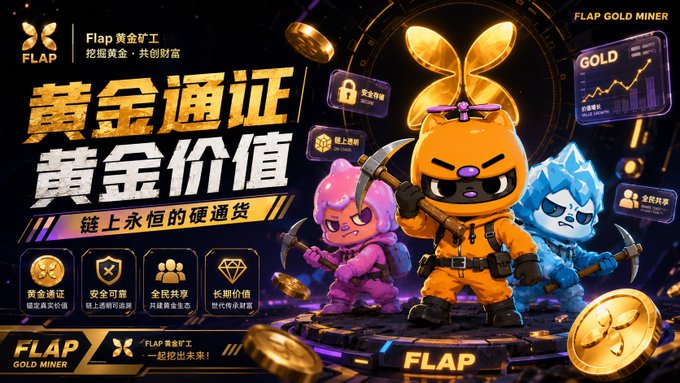 The image features a poster for a video game called "FLAP平台首款黄金分红通证", which translates to "Flap Gold Miner" in English. The poster is predominantly black and white, with the game's title displayed prominently at the top. Three cartoon characters are featured on the poster: a rabbit holding a shovel, another character wearing an orange suit, and a third one dressed as a pirate. These characters are positioned around a central image of a gold coin. The background of the poster is filled with various symbols related to the game's theme, such as a clock, a sword, and a shield.