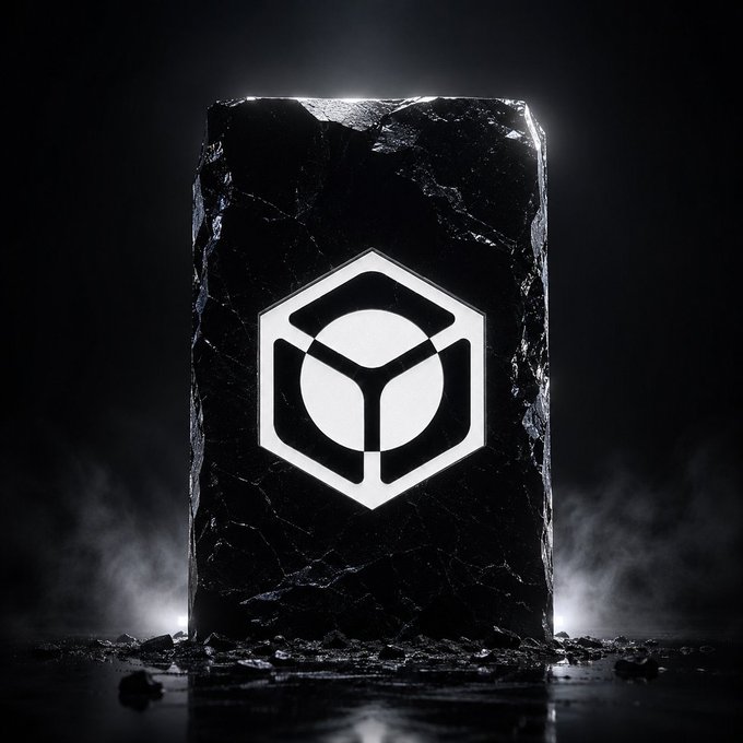 A dark, dramatic 3D render of a black stone monolith with an illuminated hexagonal geometric logo in the center, surrounded by mist and shadows.