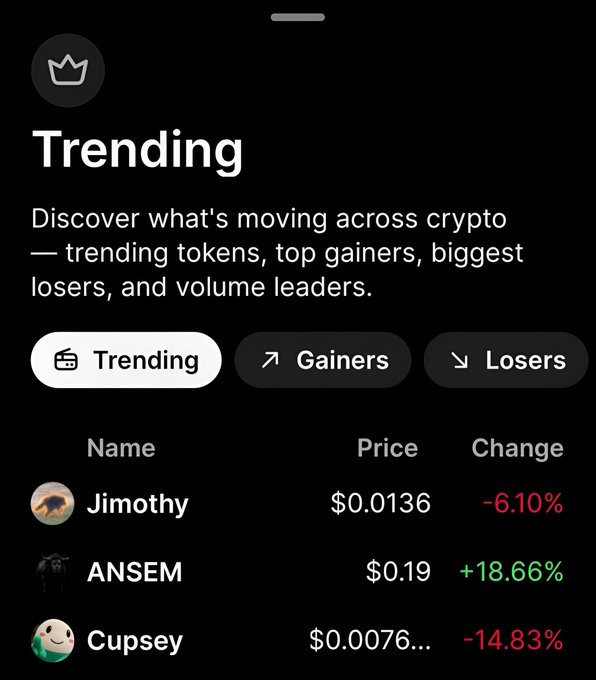 A mobile app "Trending" crypto screen displaying tokens Jimothy (-6.10%), ANSEM (+18.66%), and Cupsey (-14.83%).