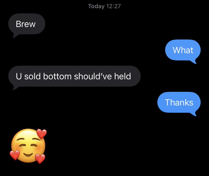 A text message conversation shows a woman named "Brew" telling the sender "U sold bottom should've held," followed by the responses "What" and "Thanks," along with a heart-eyed emoji. The exchange humorously illustrates the post's theme of dealing with a partner's unsolicited crypto trading advice after introducing her to the Pumpfun app.