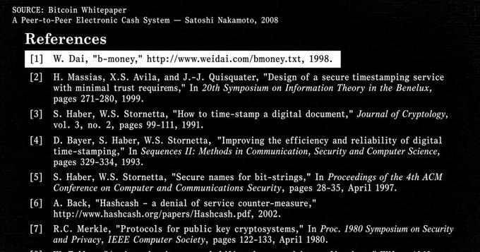 A black background displays the references section from the Bitcoin Whitepaper, citing 'A Peer-to-Peer Electronic Cash System — Satoshi Nakamoto, 2008' along with numbered academic sources.