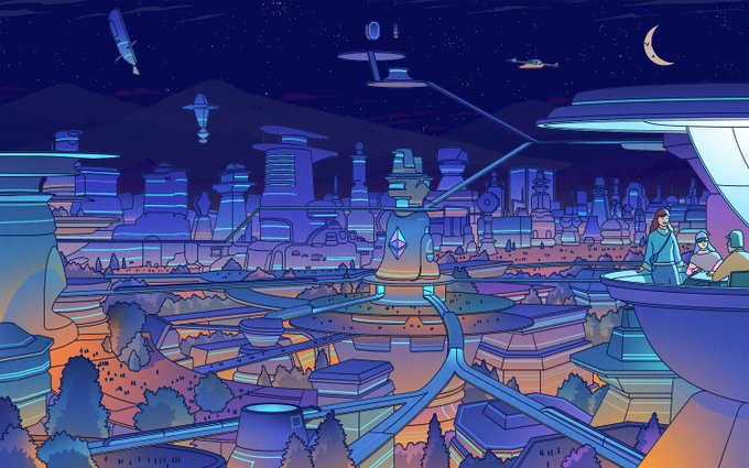 A colorful digital illustration of a futuristic cityscape at night with flying vehicles, tall buildings, and a crescent moon in the sky, showing three people on a balcony overlooking the glowing city.