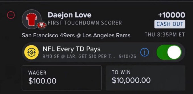 A mobile sports betting app screen showing a wager of $100.00 to win $10,000.00 on 'Daejon Love' as the first touchdown scorer for the San Francisco 49ers @ Los Angeles Rams game.