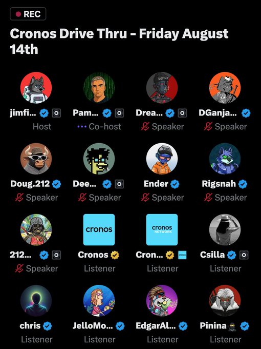 Screenshot of a live audio room titled 'Cronos Drive Thru - Friday August 14th' with a 'REC' indicator, showing avatars and usernames for a host (jimfi...), co-host (Pam...), speakers, and listeners.