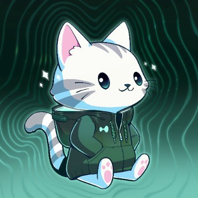 Cute cartoon white cat wearing a dark green hoodie and backpack, sitting against a swirling teal background.