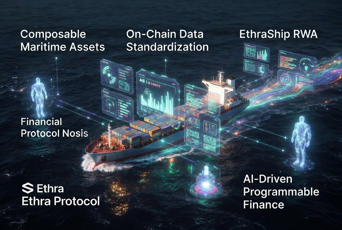 An infographic for 'Ethra Ethra Protocol' showing a cargo ship on water with holographic labels including 'Composable Maritime Assets', 'On-Chain Data Standardization', 'EthraShip RWA', 'Financial Protocol Nosis', and 'AI-Driven Programmable Finance'.