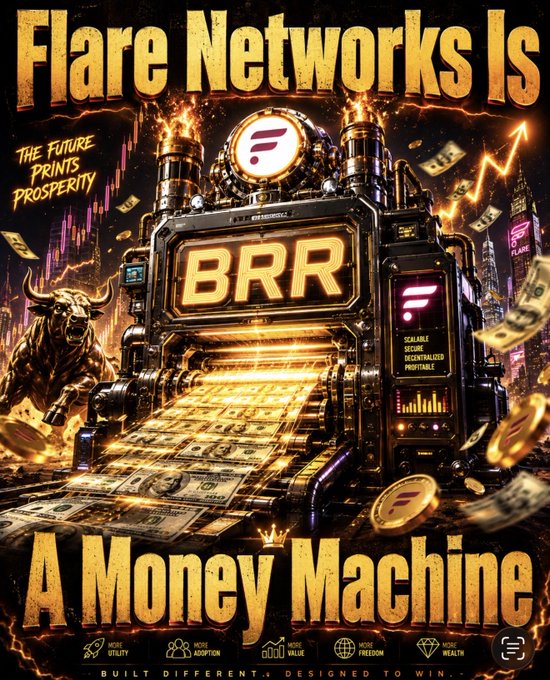 A promotional graphic advertises 'Flare Networks Is A Money Machine' with a bull, cash printing imagery, and 'BRR' text in fiery gold colors.