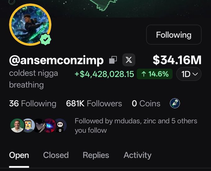 The image shows a social media profile for @ansemconzimp displaying a portfolio value of $34.16M with a +$4,428,028.15 (14.6%) gain in 1D, and 681K followers. This relates to the post about @blknoiz06 being up $4.4M in 24 hours, with the caption humorously imagining the gains when the ANSEM profile coin reaches $1.