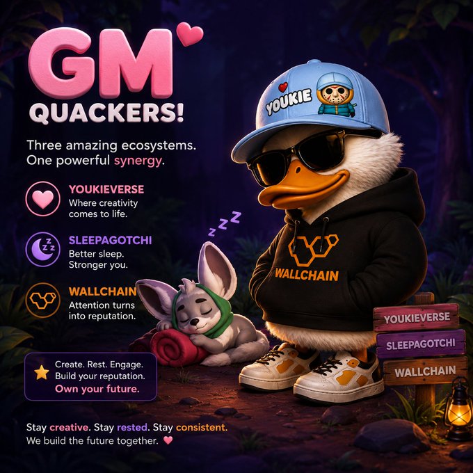 The image features a cartoon duck wearing sunglasses and a hat with "gm" written on it. The duck appears to be resting or sleeping, while another cartoon character, possibly a dog, is also present in the scene. The text above the image reads "gm builders! Three amazing ecosystems One powerful synergy. YoukieVerse Where creativity comes to life. Sleepagotchi Better sleep. Stronger you. Wallchain". This combination of elements creates an interesting and visually appealing composition that highlights the connection between the cartoon characters and the post's message about growth and collaboration.