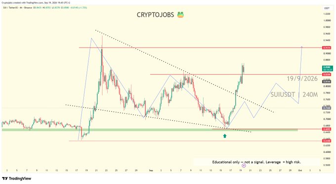 This TradingView chart titled "CRYPTOJOBS" displays the SUIUSDT perpetual pair on a 240-minute timeframe, showing price action between approximately $0.65 and $1.00 with a descending trendline, resistance level near $0.955, and support around $0.73. The caption "SUI - No comment" aligns with the chart's neutral stance, reinforced by the disclaimer at the bottom reading "Educational only — not a signal. Leverage = high risk."