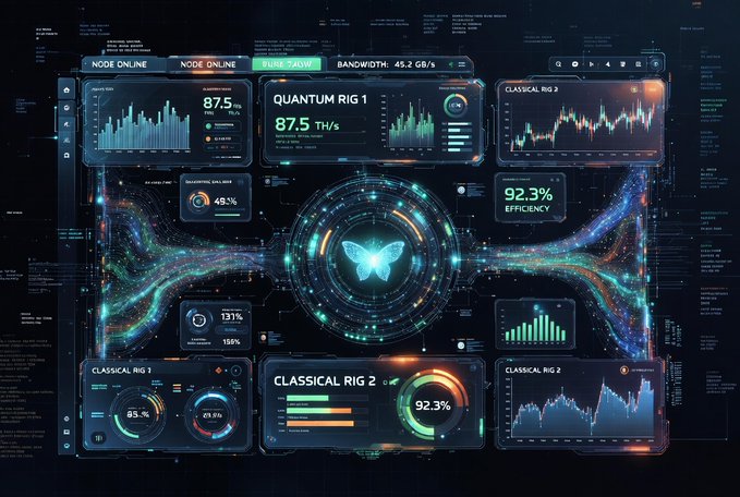 The image depicts a vibrant display of various elements that create a sense of depth. At the center, there's a blue butterfly symbol surrounded by numerous data graphs and charts. These graphs are interconnected with a network-like structure and appear to be changing and evolving as they interact with each other. Beneath this central element, there is a title which reads "Testnet keeps getting stronger. @quipnetwork just shipped node manager v0.1.5". Another description suggests that the focus of the image is on the performance of the network or testing suite, while another part describes an online marketplace. This information highlights the ongoing evolution and optimization efforts in this area.