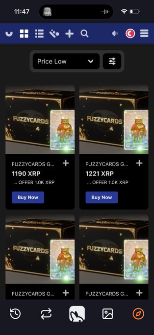 A mobile app screenshot showing a marketplace listing for 'FUZZYCARDS' NFT items priced at 1190 XRP and 1221 XRP, each with a 'Buy Now' button offering 1.0K XRP.