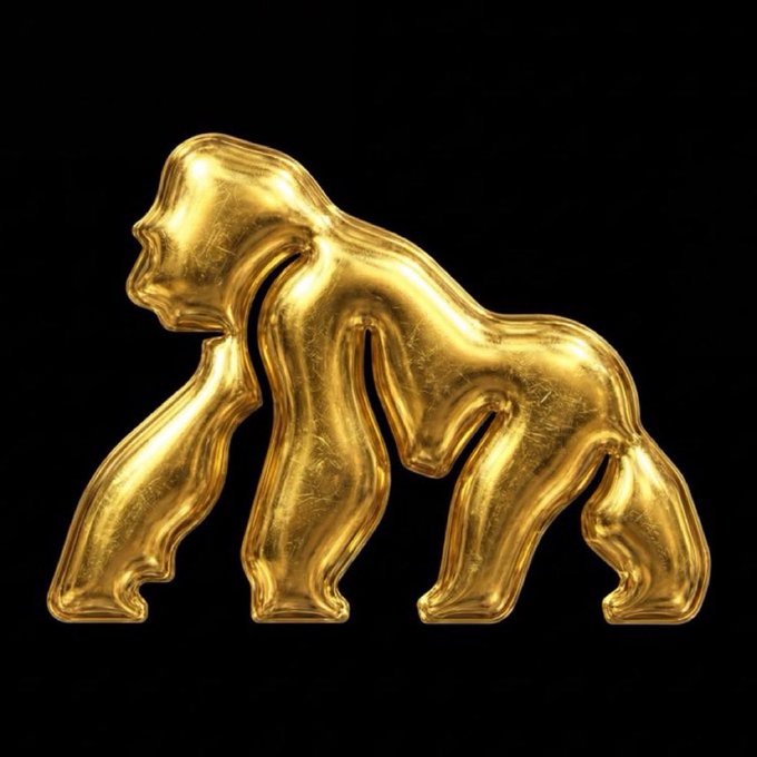 A golden 3D-rendered object resembling a melted or fluid gorilla figure stands against a solid black background.