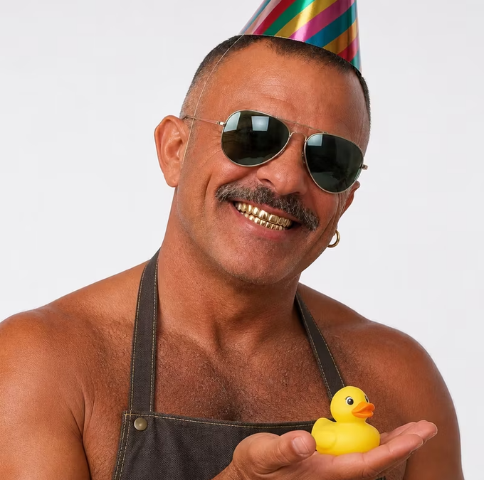 A smiling man wearing sunglasses, a colorful party hat, gold grillz, and an apron, holding a small yellow rubber duck in his hand.